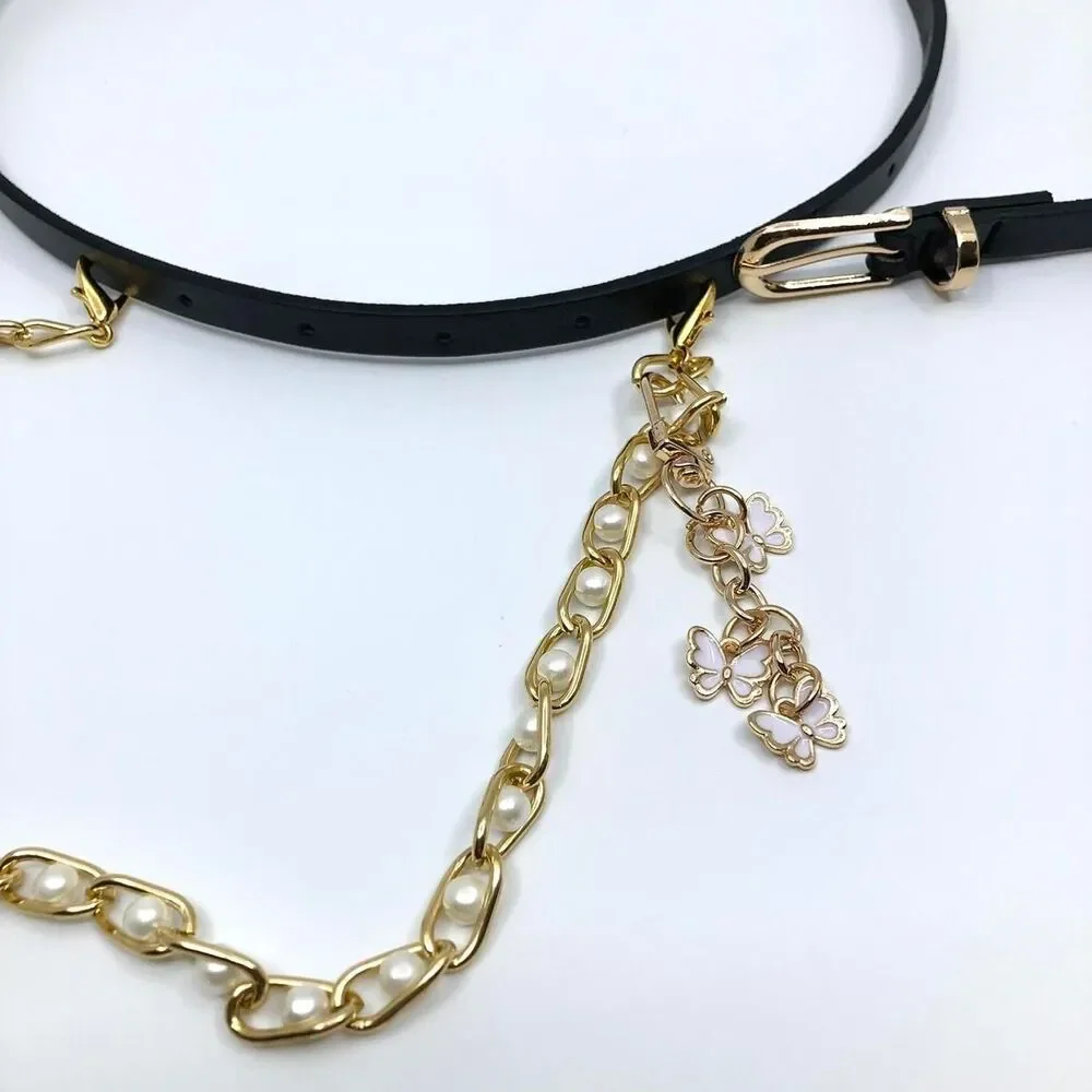 Vintage Y2K Coquette Butterfly Pearl Chain Belt, Fits 33.5–36 Inches, X7GA1194